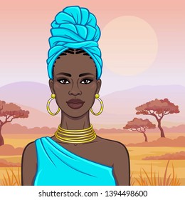 African beauty: animation portrait of the  beautiful black woman in a blue
 turban and  gold jewelry. Color drawing. Background - landscape savanna, mountains, acacia trees. Vector illyutration. 