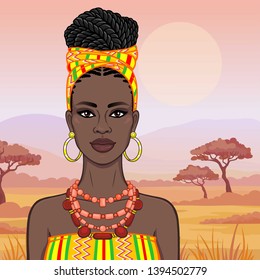 African beauty: animation portrait of the  beautiful black woman in a turban and ancient clothes and jewelry. Color drawing. Background - landscape savanna, mountains, acacia. Vector illyutration.