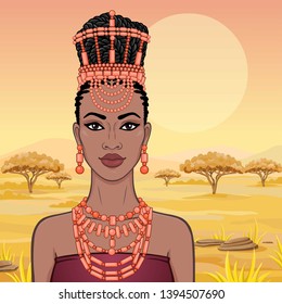 African beauty: animation portrait of the  beautiful black woman in a traditional ethnic jewelry. Princess, Bride, Goddess. Background - landscape savanna, mountains, acacia. Vector illyutration.
