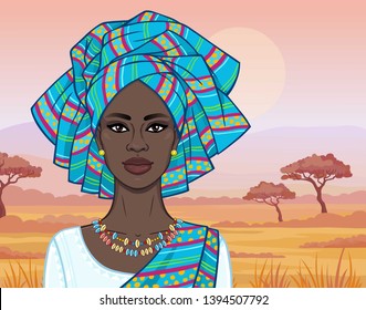 African beauty: animation portrait of the  beautiful black woman in a turban and ancient clothes and jewelry. Color drawing. Background - landscape savanna, mountains, acacia. Vector illyutration.