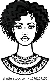 African beauty: animation portrait of the  beautiful black woman in a curly hair.  Monochrome drawing. Vector illustration isolated on a white background. Print, poster, t-shirt, card.