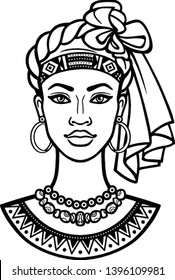 African beauty: animation portrait of the  beautiful black woman in a turban.  Monochrome drawing. Vector illustration isolated on a white background. Print, poster, t-shirt, card.