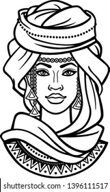 African beauty: animation portrait of the  beautiful black woman in a turban.  Monochrome drawing. Vector illustration isolated on a white background. Print, poster, t-shirt, card.