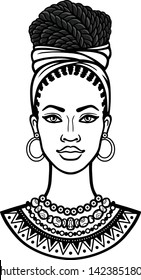 African beauty: animation portrait of the  beautiful black woman in a turban. Monochrome drawing. Vector illustration isolated on a white background. Print, poster, t-shirt, card.