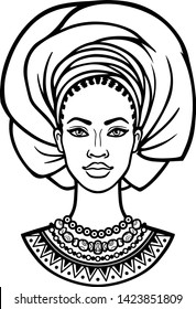 African beauty: animation portrait of the  beautiful black woman in a turban. Monochrome drawing. Vector illustration isolated on a white background. Print, poster, t-shirt, card.