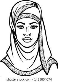 African beauty: animation portrait of the  beautiful black woman in a hijab. Monochrome drawing. Vector illustration isolated on a white background. Print, poster, t-shirt, card.