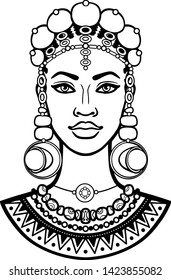 African beauty: animation portrait of the  beautiful black woman in ancient jewelry. Monochrome drawing. Vector illustration isolated on a white background. Print, poster, t-shirt, card.