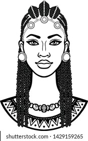 African beauty: animation portrait of the  beautiful black woman in Afro hair. Monochrome drawing. Vector illustration isolated on a white background. Print, poster, t-shirt, card.