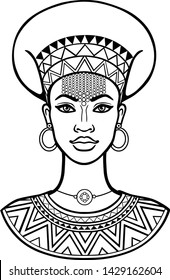 African beauty: animation portrait of the  beautiful black woman  in ancient clothes and jewelry. Monochrome drawing. Vector illustration isolated on a white background. Print, poster, t-shirt, card.