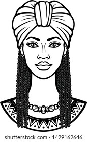 African beauty: animation portrait of the  beautiful black woman in a turban and Afro hair. Monochrome drawing. Vector illustration isolated on a white background. Print, poster, t-shirt, card.