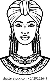 African beauty: animation portrait of the  beautiful black woman in a turban and Afro hair. Monochrome drawing. Vector illustration isolated on a white background. Print, poster, t-shirt, card.