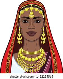 African beauty: animation portrait of the beautiful black woman in a traditional ethnic jewelry. Princess, Bride, Goddess.Vector illustration isolated on a white background. Print, poster, t-shirt