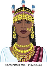 African beauty: animation portrait of the beautiful black woman in a traditional ethnic jewelry. Princess, Bride, Goddess.Vector illustration isolated on a white background. Print, poster, t-shirt