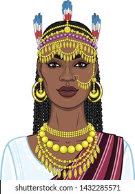 African beauty: animation portrait of the beautiful black woman in a traditional ethnic jewelry. Princess, Bride, Goddess.Vector illustration isolated on a white background. Print, poster, t-shirt