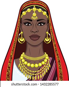 African beauty: animation portrait of the beautiful black woman in a traditional ethnic jewelry. Princess, Bride, Goddess.Vector illustration isolated on a white background. Print, poster, t-shirt