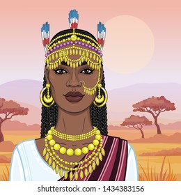 African beauty: animation portrait of the beautiful black woman in a traditional ethnic jewelry. Princess, Bride, Goddess. Background - a landscape the savanna, mountains,sunset. Vector illustration.