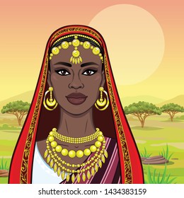 African beauty: animation portrait of the beautiful black woman in a traditional ethnic jewelry. Princess, Bride, Goddess. Background - a landscape the savanna. Vector illustration.