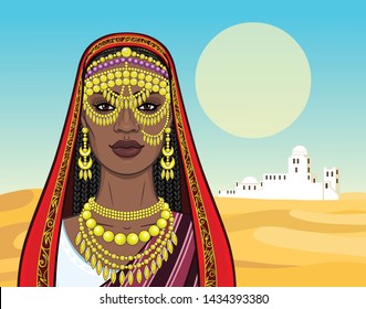 African beauty: animation portrait of the beautiful black woman in a traditional ethnic jewelry. Princess, Bride, Goddess. Background - landscape desert, ancient white city. Vector illustration.