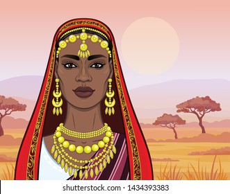 African beauty: animation portrait of the beautiful black woman in a traditional ethnic jewelry. Princess, Bride, Goddess. Background - a landscape the savanna, mountains,sunset. Vector illustration.