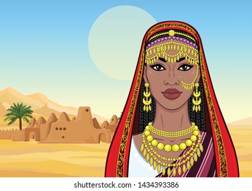 African beauty: animation portrait of the beautiful black woman in a traditional ethnic jewelry. Princess, Bride, Goddess. Background - landscape desert, ancient clay city. Vector illustration.