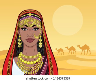 African beauty: animation portrait of the beautiful black woman in a traditional ethnic jewelry. Princess, Bride, Goddess. Background - landscape desert, caravan of camels. Vector illustration.