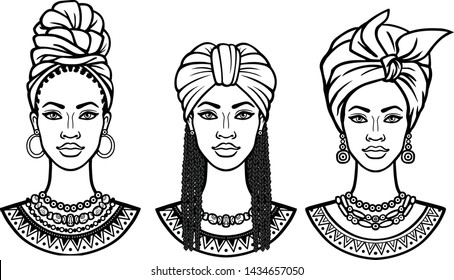 African beauty: animation portrait of the  beautiful black woman in  different turbans. Three options. Monochrome drawing. Vector illustration isolated on a white background.