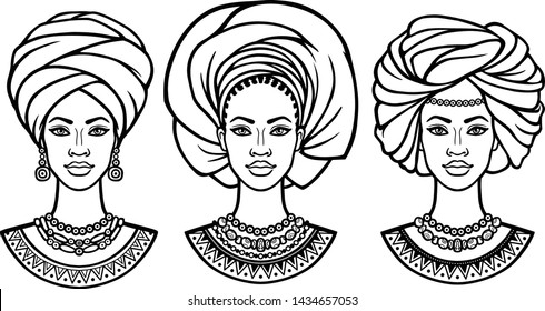 African beauty: animation portrait of the  beautiful black woman in  different turbans. Three options. Monochrome drawing. Vector illustration isolated on a white background.