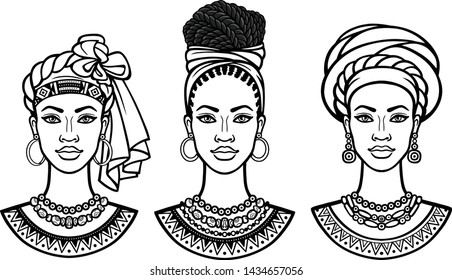 African beauty: animation portrait of the  beautiful black woman in  different turbans. Three options. Monochrome drawing. Vector illustration isolated on a white background.