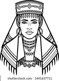 African beauty: animation portrait of the  beautiful  womanin a scarf. Berber culture. Monochrome drawing. Vector illustration isolated on a white background. Print, poster, t-shirt, card.
