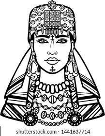 African beauty: animation portrait of the  beautiful  womanin a scarf. Berber culture. Monochrome drawing. Vector illustration isolated on a white background. Print, poster, t-shirt, card.