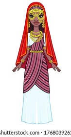 African beauty: animation portrait of the beautiful black woman in a traditional ethnic jewelry. Full growth. Princess, Bride, Goddess.Vector illustration isolated on a white background. 