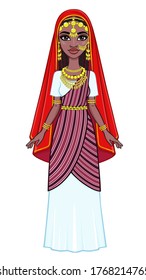 African beauty: animation portrait of the beautiful black woman in a traditional ethnic jewelry. Full growth. Princess, Bride, Goddess.Vector illustration isolated on a white background. 