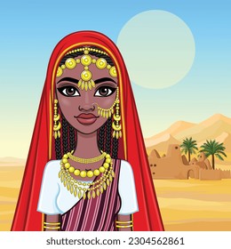 African beauty: animation portrait of beautiful black woman in a traditional ethnic jewelry. Princess, Bride, Goddess. Background - desert barkhans, palace silhouette. Vector illustration.