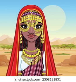 African beauty: animation portrait of beautiful black woman in a traditional ethnic jewelry. Princess, Bride, Goddess. Background - desert barkhans, palace silhouette. Vector illustration.