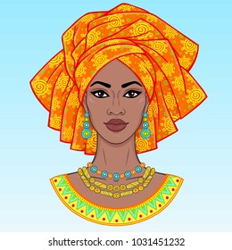 African beauty. An animation portrait of the young black woman in a turban. Vector illustration isolated on a blue background. Print, poster, t-shirt, card.