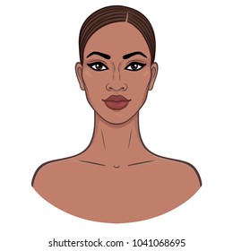 African beauty. Animation portrait of the young black woman. Vector illustration isolated on a white background. Template, Print, poster, t-shirt, card.