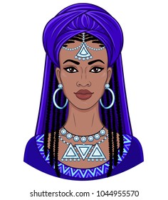 African beauty. Animation portrait of the young black woman in a turban. Vector color illustration isolated on a white background. Print, poster, t-shirt, card.