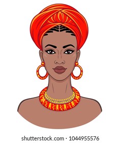 African beauty. Animation portrait of the young black woman in a turban. Vector color illustration isolated on a white background. Print, poster, t-shirt, card.