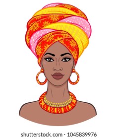 African beauty. Animation portrait of the young black woman in a turban. Vector color illustration isolated on a white background. Print, poster, t-shirt, card.