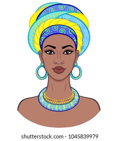 African beauty. Animation portrait of the young black woman in a turban. Vector color illustration isolated on a white background. Print, poster, t-shirt, card.