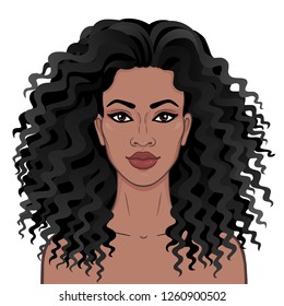 African Beauty. Animation Portrait Of The Young Beautiful Black Woman With Curly Hair. Color Drawing. Template For Use. Vector Illustration Isolated On A White Background.