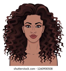 African beauty. Animation portrait of the young beautiful black woman with curly hair. Color drawing. Template for use. Vector illustration isolated on a white background.