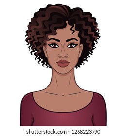 African beauty. Animation portrait of the young beautiful black woman with curly hair. Color drawing. Template for use. Vector illustration isolated on a white background.