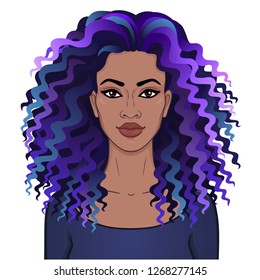 African beauty. Animation portrait of the young beautiful black woman with curly blue hair. Color drawing. Template for use. Vector illustration isolated on a white background.