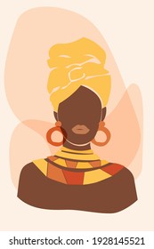 African beauty. Artistic abstract minimalistic portrait of the face of a young Black woman in a turban and jewelry. Vector illustration, print, poster, T-shirt, postcard, poster