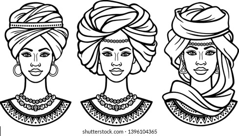 African beauty: set of animation portraits the  beautiful black women in different ancient turbans.  Monochrome drawing. Vector illustration isolated on a white background.Print, poster, t-shirt, card