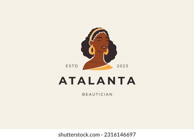 African beauty young woman portrait cosmetology beautician logo design template vector flat illustration. Fashion Africa black skin lady in golden earrings coiffure makeup artist cosmetic