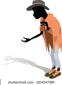 African a beggar man illustration. Hungry and chilled African man asks for help and money isolated on white
