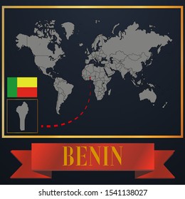 African Benin national flag, realistic globe world map blank template, solid country outline silhouette, atlas for infographic, vector illustration set, isolated object, background