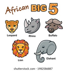 African Big Five animal heads cartoon set. Lion, Leopard, Elephant, Rhino and Buffalo. Isolated vector clip art illustration.